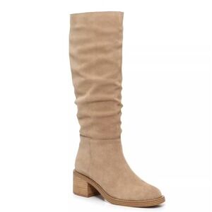 Steve Madden Suede Leather Knee High Slouch Boots Block Heel Tan Beige 9.5M NEW